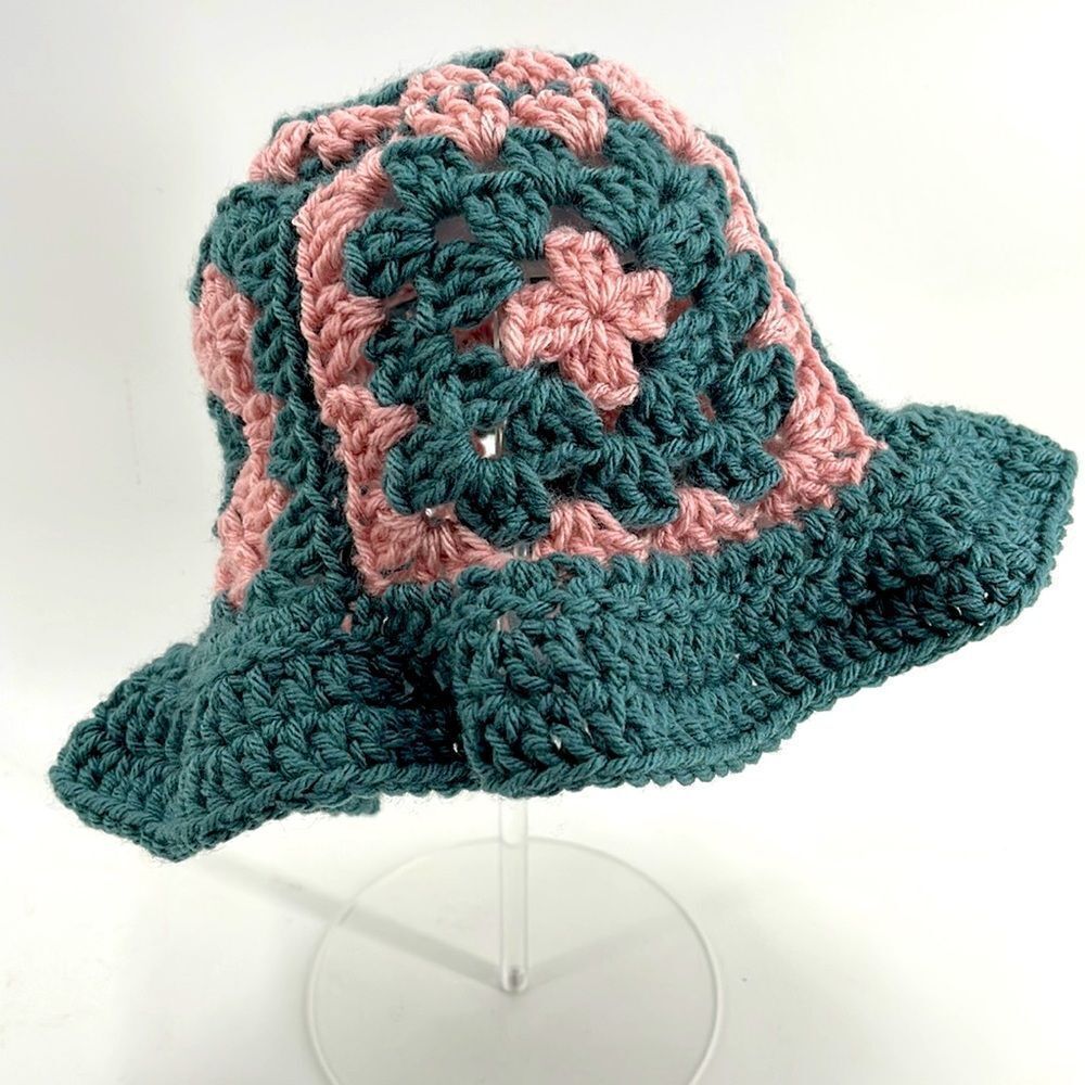 Handmade Napper brand granny square bucket hat one size teal rose pink